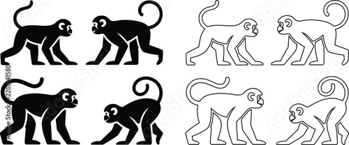 Photography Set of monkey icons and outline illustrations on a white background