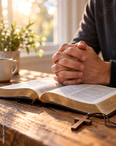 Christian Praying With Open Bible and Cross on Wooden Table
