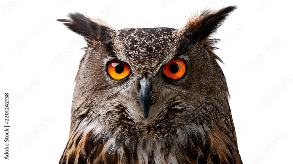 Obraz premium Close up portrait of a Eurasian eagle owl with piercing orange eyes and feathers
