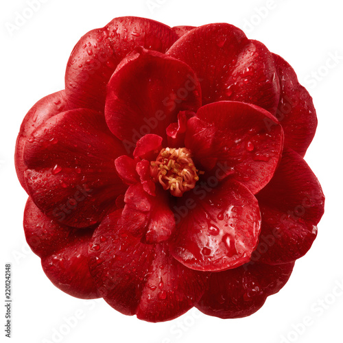 Red Camellia Flower with Rain Drops Isolated on Transparent Background