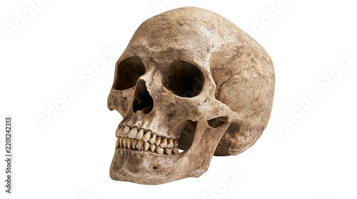 Bild auf Leinwand Weathered human skull with detailed bone texture and visible teeth