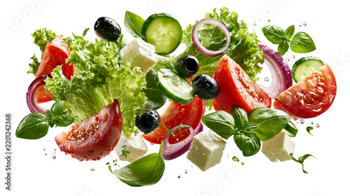 Fresh Greek salad ingredients with tomatoes cucumber, feta cheese and olives