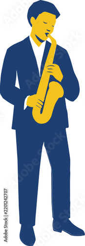 Man playing saxophone illustration, soulful jazz musician performing musical instrument, artistic male saxophonist character, vector art for jazz club poster and music background design.