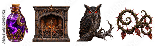 Gothic Haunted Decorative Objects with Owl Fireplace Lantern and Magic Jar