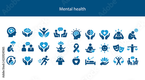  Minimalist blue flat vector icon set featuring mental health, wellness, psychology, therapy, brain, stress management, meditation and emotional support. Ideal for healthcare, counseling, mindfulness,