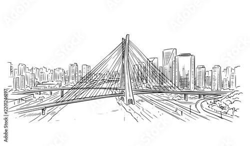 São Paulo Estaiada Bridge Brazil City Panorama Vintage Ink Vector Sketch