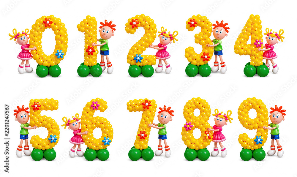 Fototapeta premium A playful set of inflated balloon numbers from one to nine are arranged in two rows on a white background.
