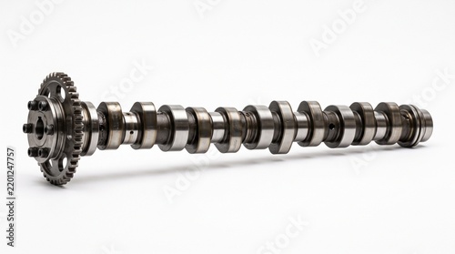 Metallic camshaft with precision-machined lobes displayed on neutral background for automotive engineering reference