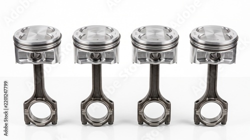 High-performance engine pistons arranged in row against clean studio background for automotive parts display