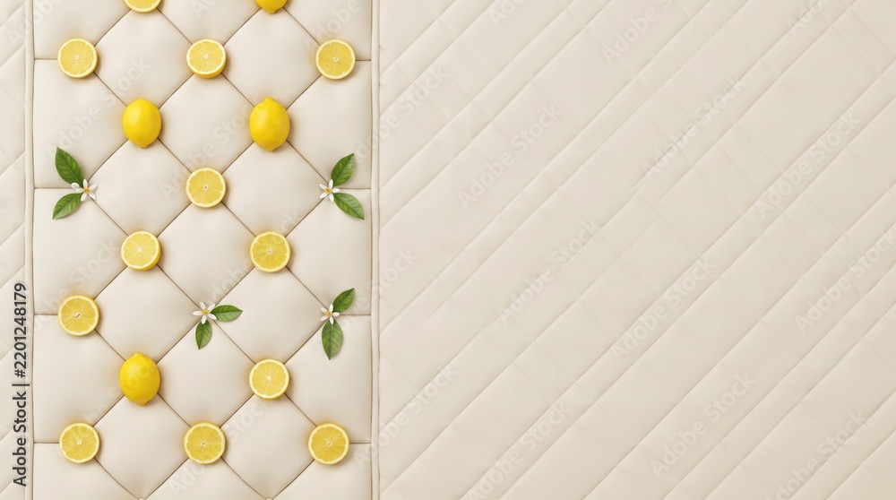 Obraz premium Quilted textile lemon frame and citrus border on a beige leather upholstery copy space background designed specifically for luxury branding.