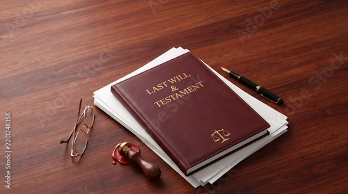 Last will testament documents with pen and wax seal on wooden desk