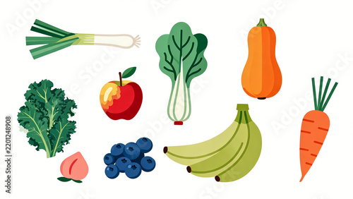 Flat style illustration of assorted fruits and vegetables on white background