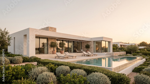 Sophisticated Minimalist Villa Facade with Calm Aesthetic Atmosphere