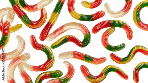 Obraz na plátně Multicolor gummy worms candy assortment with translucent gelatin texture