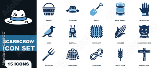 Set of fifteen blue and dark blue scarecrow and farm related on a white background