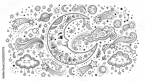 Hand drawn doodle of a crescent moon and stars in space