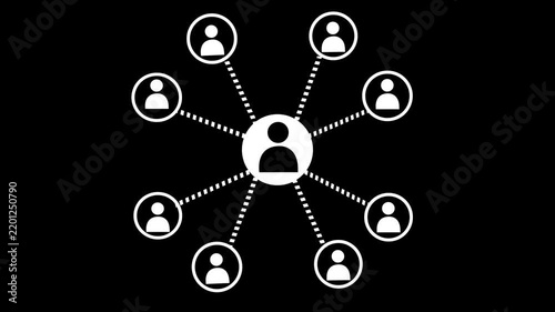 Motion graphic icon displaying a global community network node structure chart connecting multiple points around a single human avatar motion video
