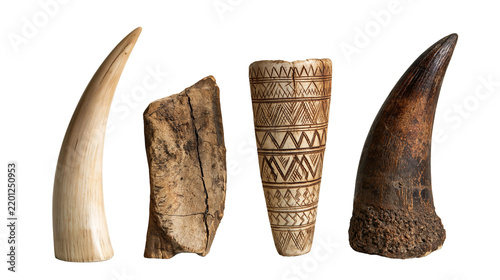 Obraz na plátně Ancient carved bone artifacts and fossilized animal teeth collection