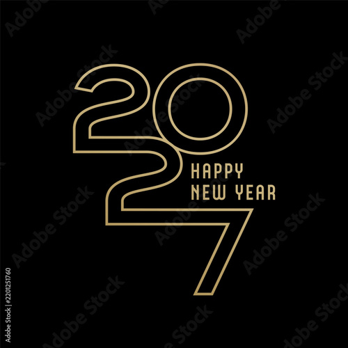 Happy New Year 2027 minimal gold typography emblem isolated on a black background. Vector logo for holiday branding, party invitation, greeting card, calendar, poster, social media posts, or promotion