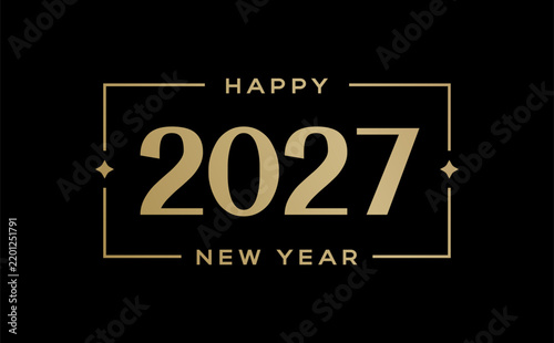 Happy New Year 2027 elegant gold typography emblem isolated on a black background. Vector logo for celebration cards, banners, calendars, social media posts and party invitations with a festive and lu