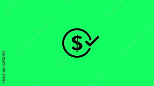 Dollar coin with check mark icon animation on green background. Financial check mark with circle and dollar sign loop animation for successful payment, transaction, success and approval money concepts