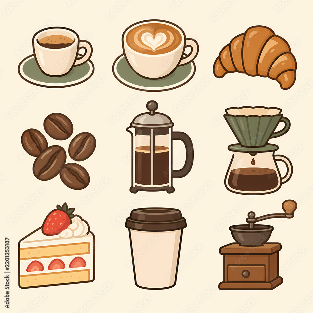 Obraz premium Cafe and coffee flat icon set with latte croissant french press and grinder