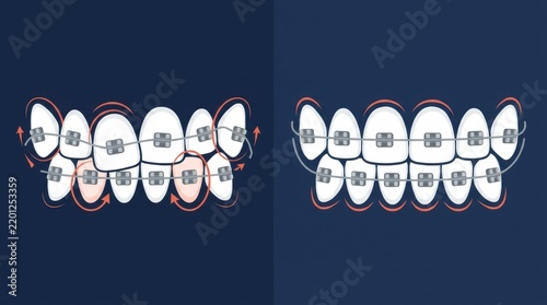 Dental braces correction process showing teeth alignment from crooked to straight position
