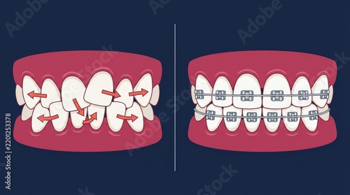 Illustration showing dental alignment correction with metal braces on human teeth structure