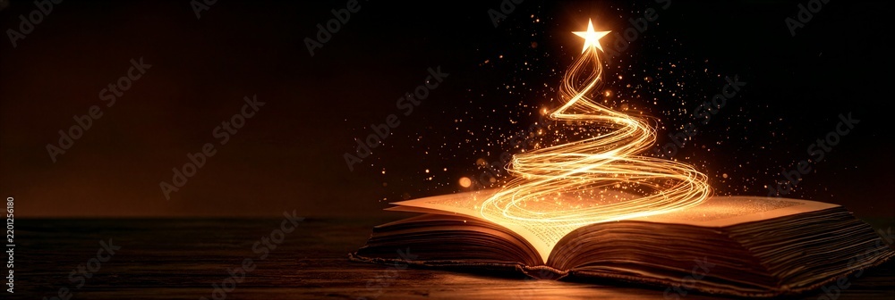 Obraz premium Glowing light trail forming a christmas tree shape rising from an open book