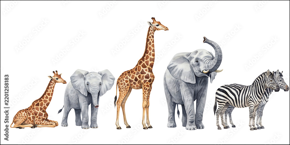 Fototapeta premium Watercolor illustration of various african safari animals including giraffes elephants and a zebra on white background