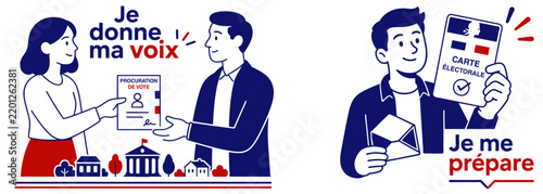 Illustration infographie bleu blanc rouge sur le vote par procuration et la carte électorale
