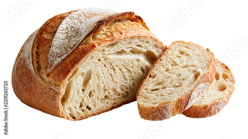 Rustic sourdough bread loaf with two sliced pieces showing airy crumb texture
