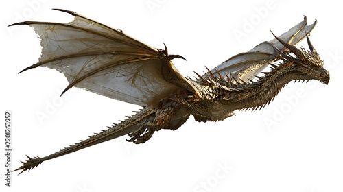 Obraz na plátně Golden metallic dragon with large tattered wings flying in midair