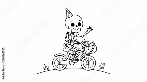 Cute skeleton character riding a bicycle with a pumpkin basket for halloween party