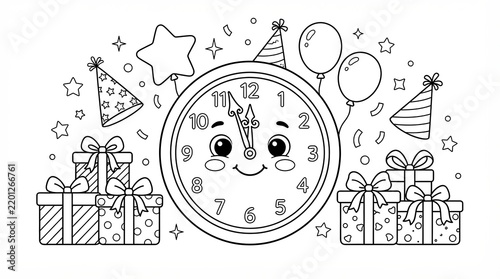 Cute cartoon clock character celebrating with party hats gifts and balloons drawing