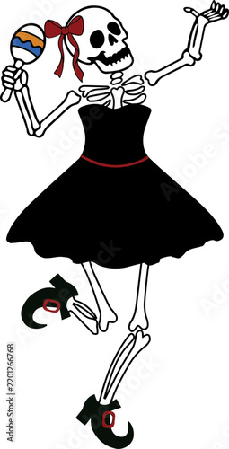 Simple flat vector illustration of a man and woman skeleton dancing at a Halloween party, spooky skull couple celebration, minimal graphic design element.
