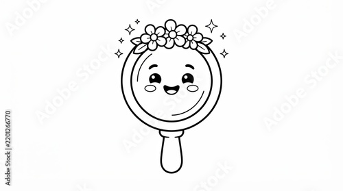 Cute hand mirror drawing with a flower crown and sparkles isolated on white background