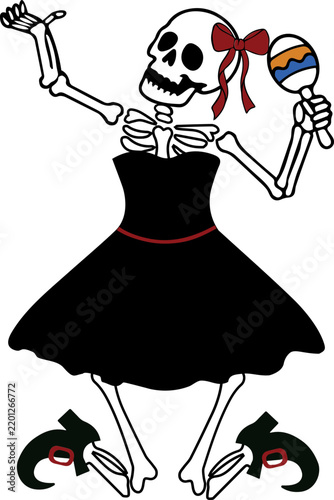 Simple flat vector illustration of a man and woman skeleton dancing at a Halloween party, spooky skull couple celebration, minimal graphic design element.