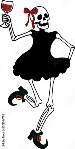 Simple flat vector illustration of a man and woman skeleton dancing at a Halloween party, spooky skull couple celebration, minimal graphic design element.