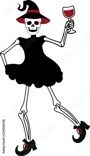 Simple flat vector illustration of a man and woman skeleton dancing at a Halloween party, spooky skull couple celebration, minimal graphic design element.