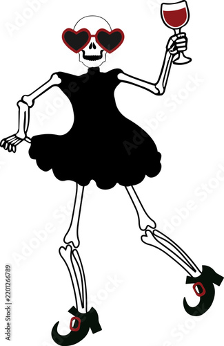 Simple flat vector illustration of a man and woman skeleton dancing at a Halloween party, spooky skull couple celebration, minimal graphic design element.