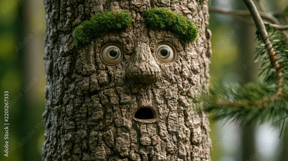 Obraz premium Green Tree Trunk Covered with Moss and Fresh Leaves in a Lush Forest, Showcasing Natural Bark Texture, Spring Foliage, and Serene Woodland Beauty
