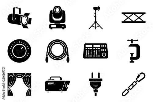 Theater and stage equipment icons set: lighting, audio, and rigging.