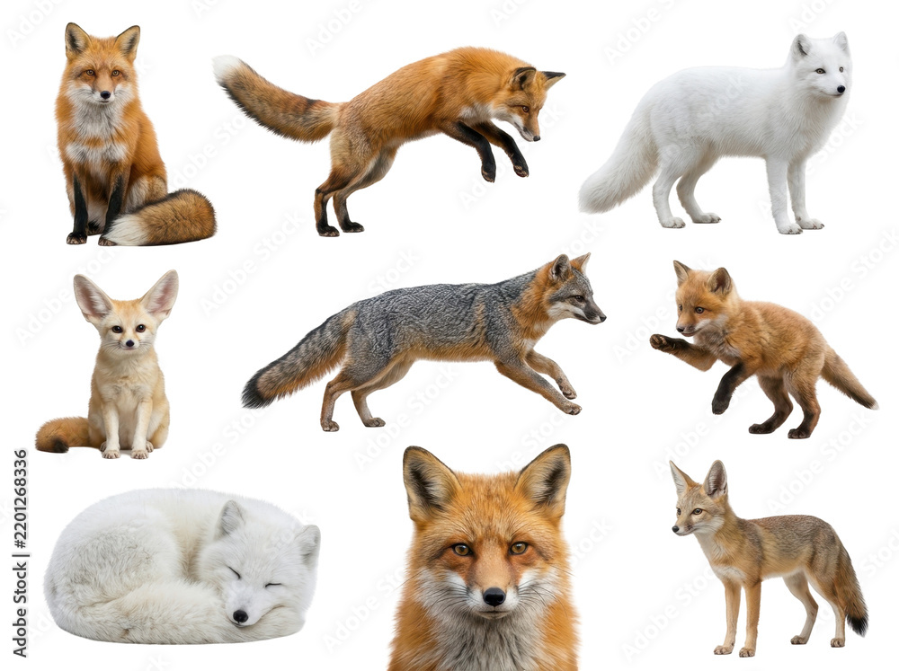 Fototapeta premium Diverse Fox Collection: A curated compilation showcases various fox species, including the common red fox, arctic fox, fennec fox, and gray fox, each captured in distinct poses and environments.