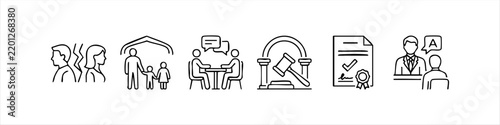 Set of family law and legal services line icons including divorce, child custody, consultation, courtroom gavel, legal document, and expert advice for lawyers and attorneys