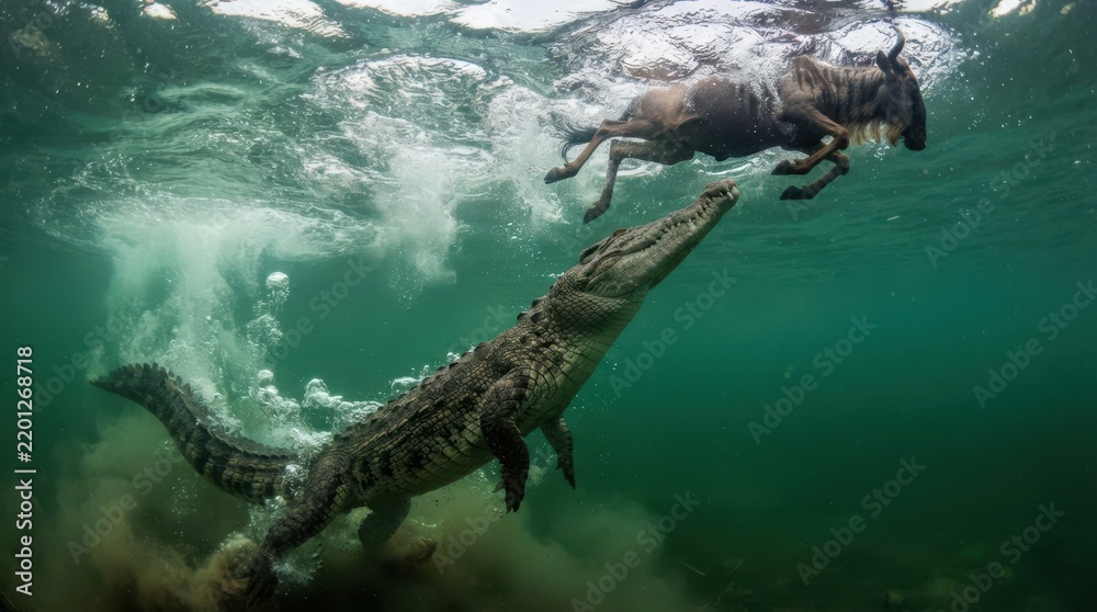 Fototapeta premium Predatory Pursuit: A formidable crocodile lurks underwater, its powerful jaws poised to strike a wildebeest desperately swimming for safety in a river, showcasing the raw drama of nature's food chain.