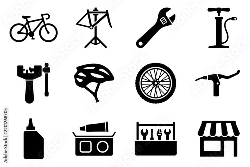 Bicycle repair tools and equipment icons set on white background.