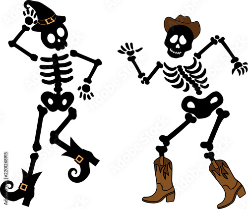 Simple flat vector illustration of a man and woman skeleton dancing at a Halloween party, spooky skull couple celebration, minimal graphic design element.
