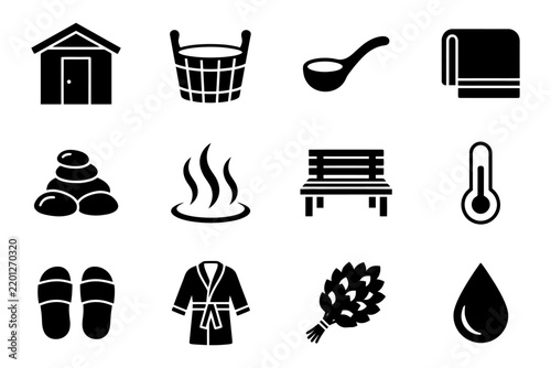 Black and white sauna icons set: bucket, towel, rocks, bench, thermometer, ladle.
