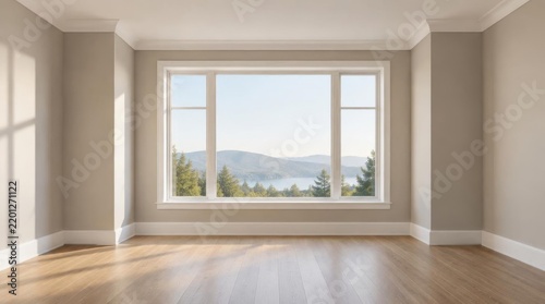 Empty room with large window showing scenic landscape and wooden floor